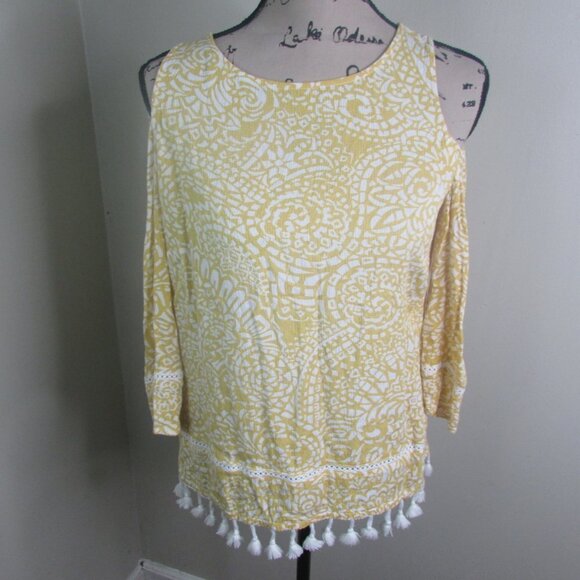 Chico's Blouse 0 Yellow Cold Shoulder 3/4 Sleeve - Picture 4 of 13